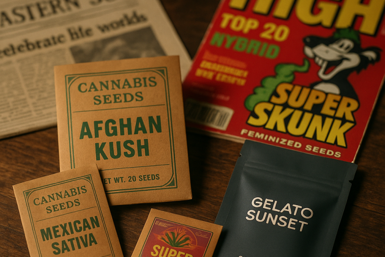 A historical progression of cannabis strain branding through UK history, set on a wooden